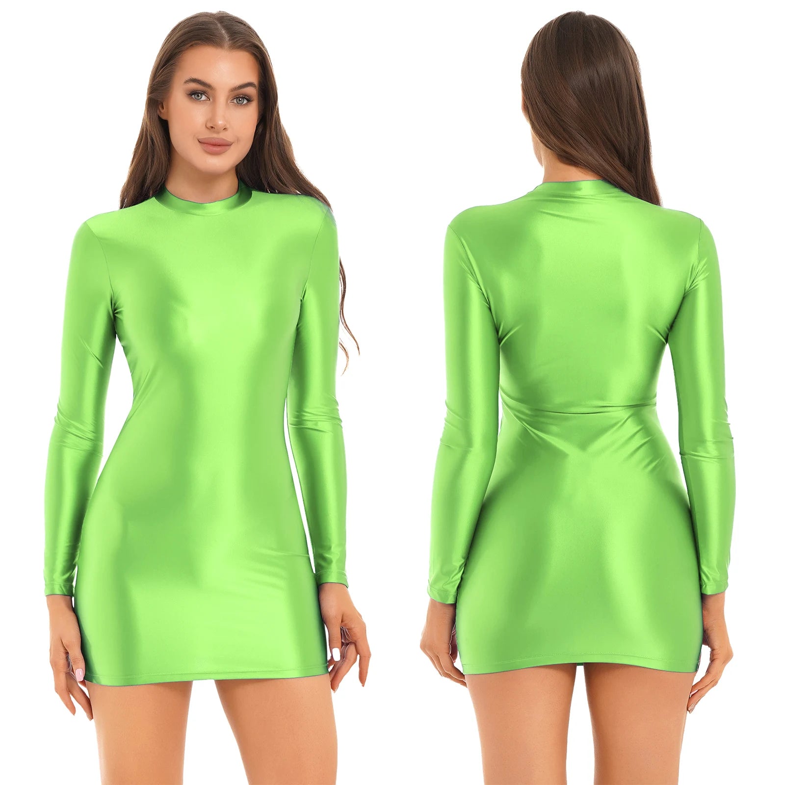 Womens Bodycon Tight Pencil Mini Dress Oil Glossy Long Sleeve Round Neck Dress Pole Dancing Rave Outfit Cocktail Party Costumes