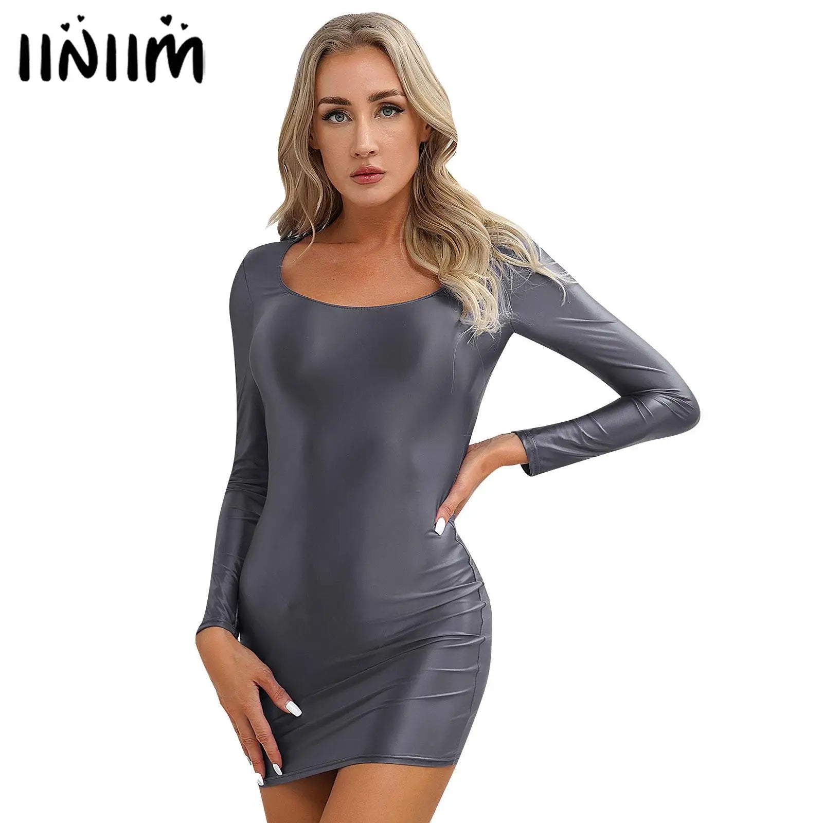 Womens Bodycon Tight Pencil Mini Dress Oil Glossy Long Sleeve Round Neck Dress Pole Dancing Rave Outfit Cocktail Party Costumes