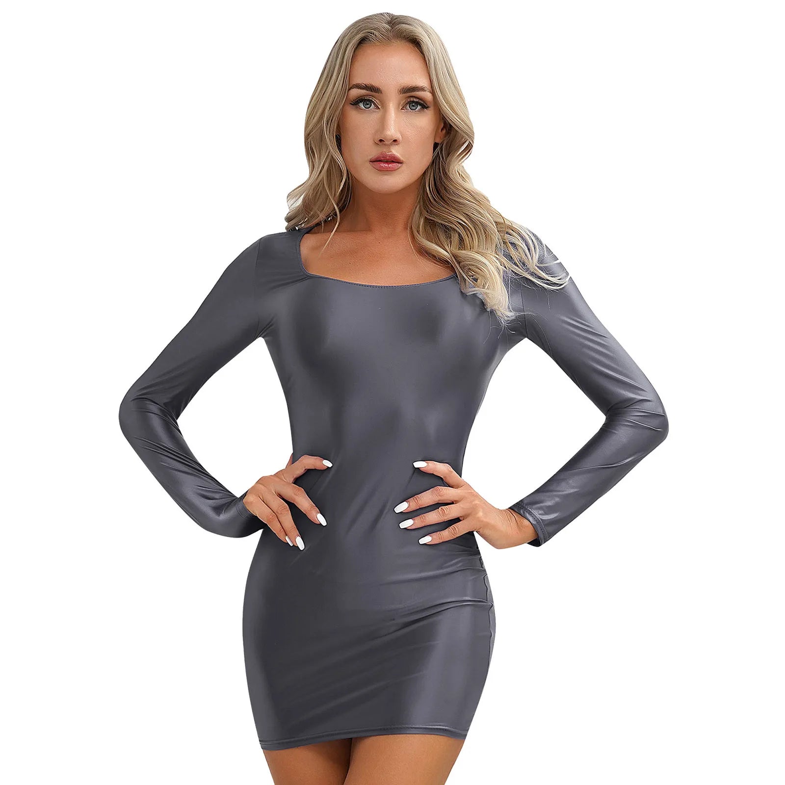 Womens Bodycon Tight Pencil Mini Dress Oil Glossy Long Sleeve Round Neck Dress Pole Dancing Rave Outfit Cocktail Party Costumes