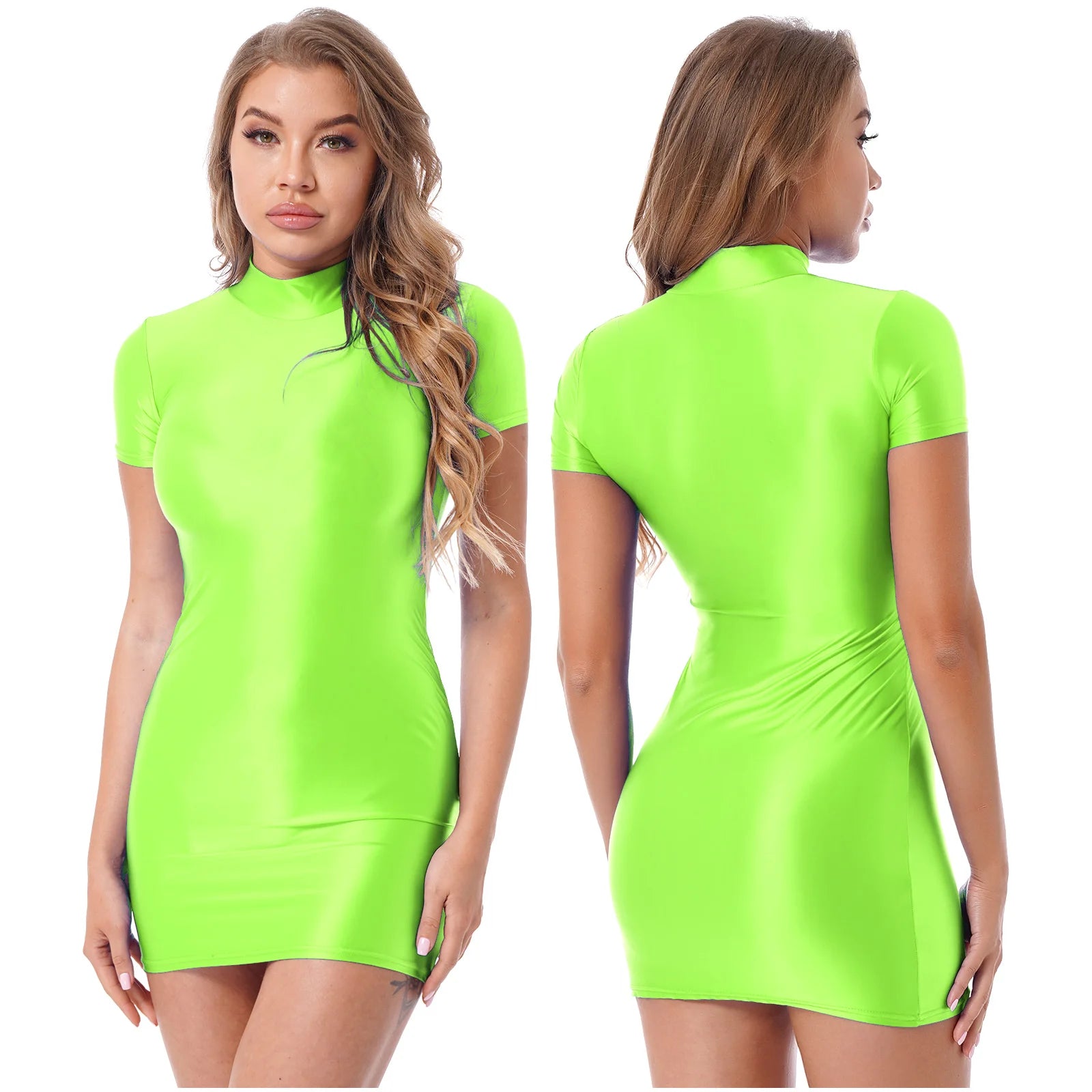 Womens Bodycon Tight Pencil Mini Dress Oil Glossy Long Sleeve Round Neck Dress Pole Dancing Rave Outfit Cocktail Party Costumes