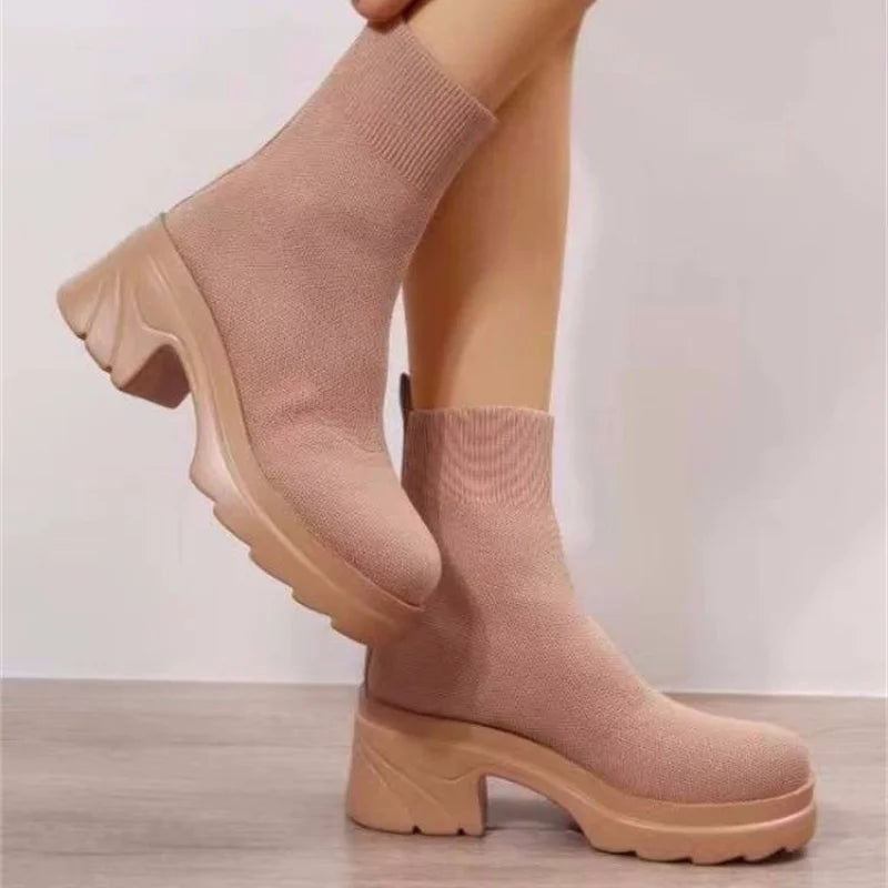 Women's Fashion Boots New Thick-soled Socks Boots Women Fashion Flying Knitted Socks Elastic Ankle Boots Mujer Shoes