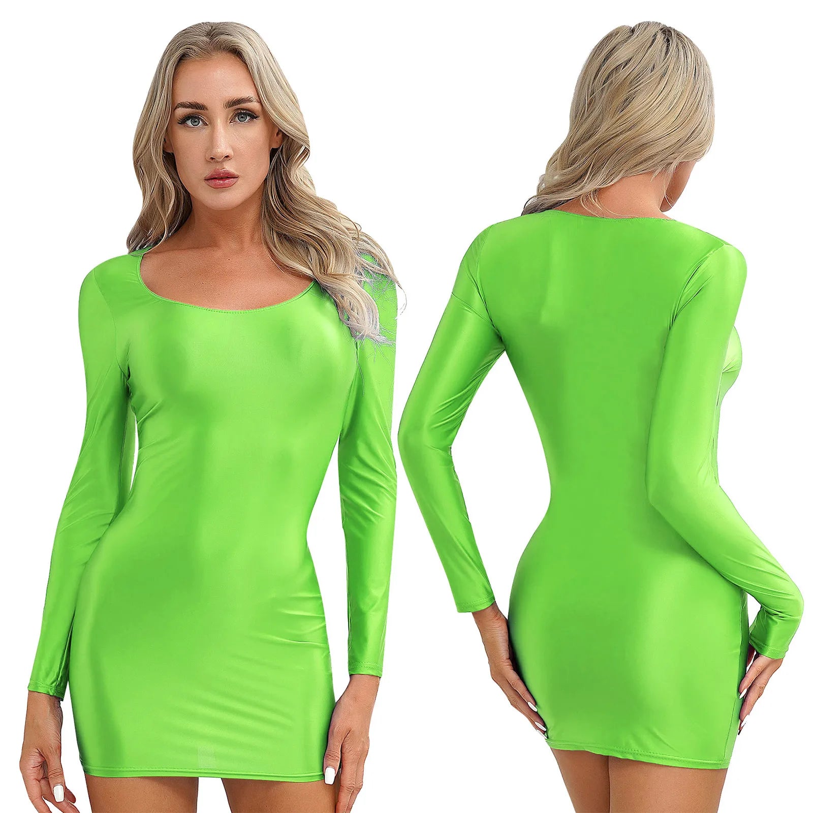 Womens Bodycon Tight Pencil Mini Dress Oil Glossy Long Sleeve Round Neck Dress Pole Dancing Rave Outfit Cocktail Party Costumes