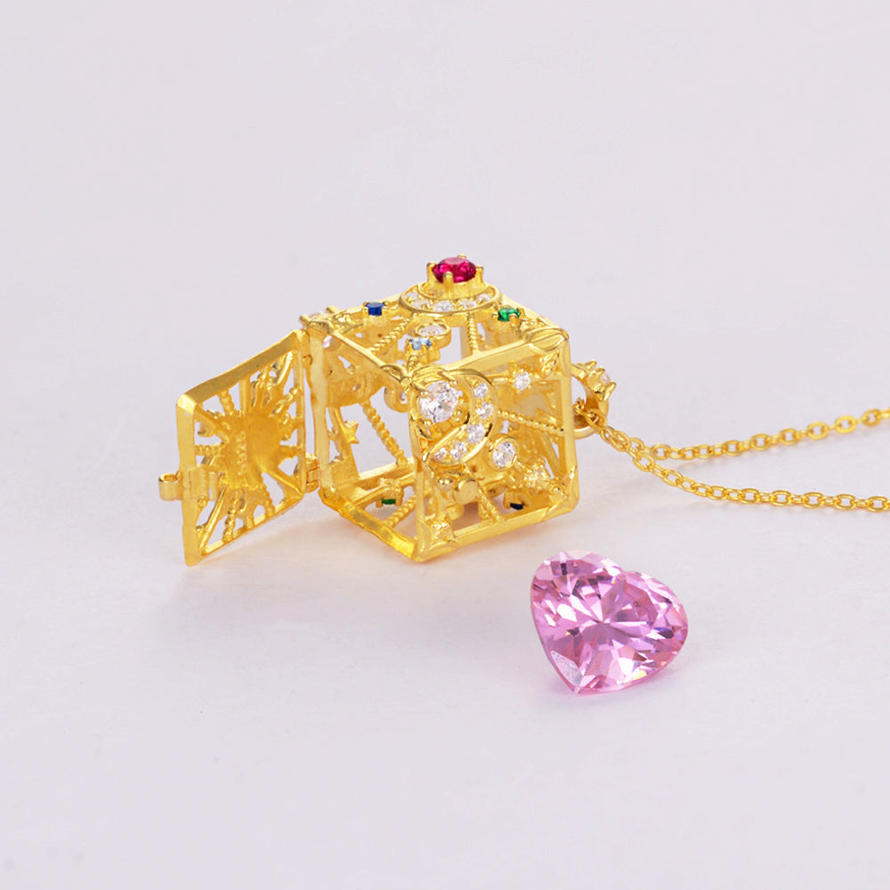 Heart Shape Zirconia Birthstone in Cube Necklace