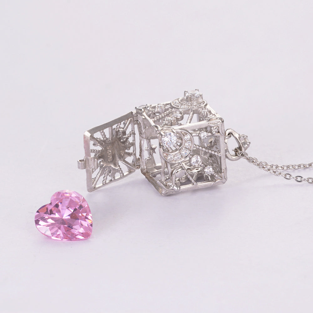 Heart Shape Zirconia Birthstone in Cube Necklace