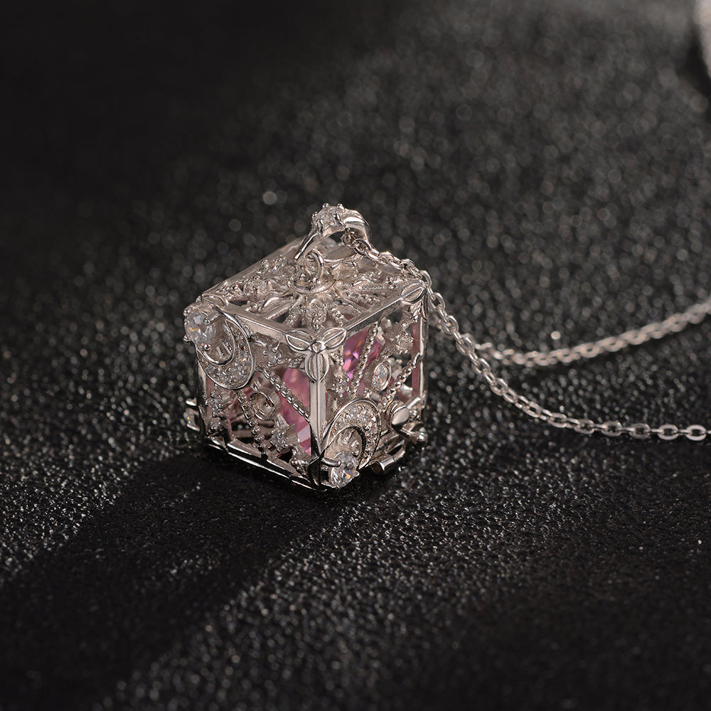 Heart Shape Zirconia Birthstone in Cube Necklace