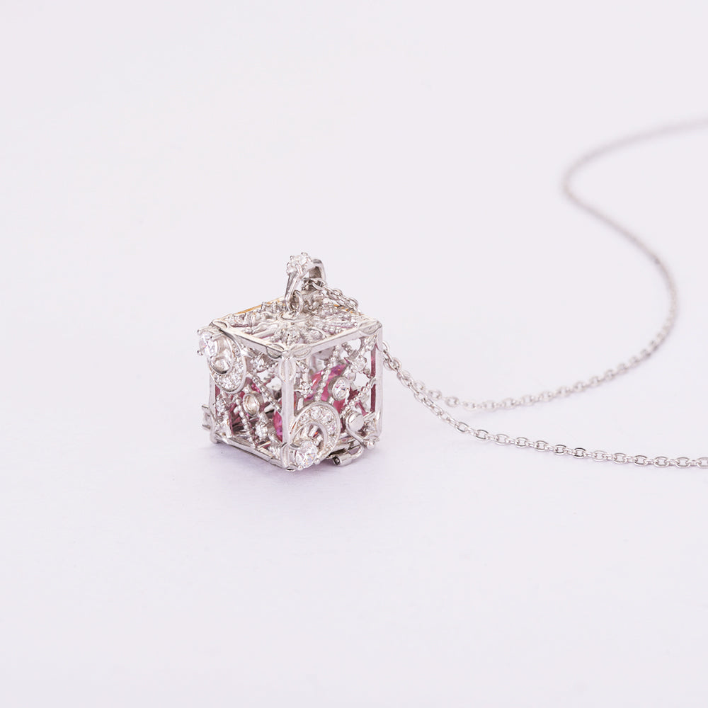 Heart Shape Zirconia Birthstone in Cube Necklace