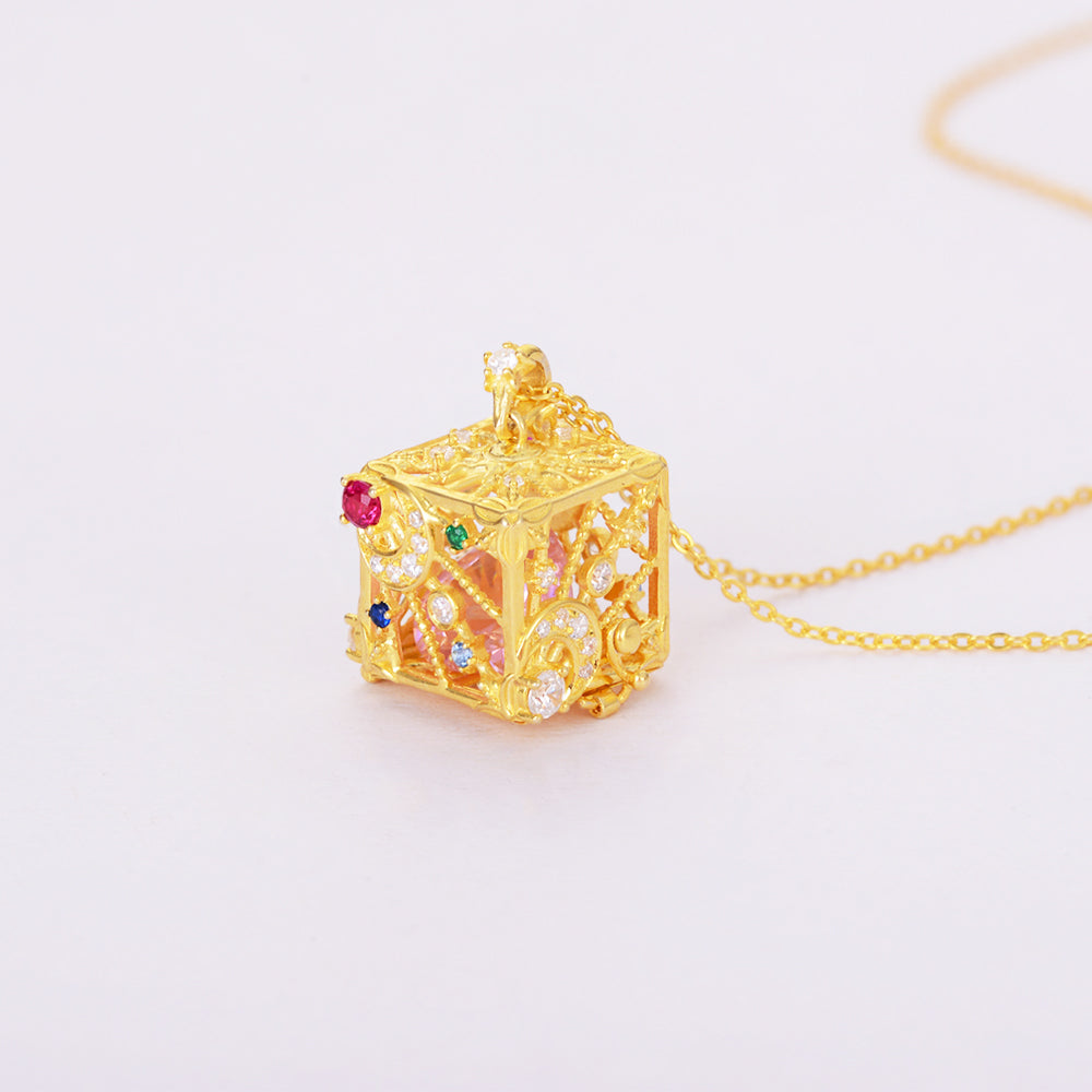 Heart Shape Zirconia Birthstone in Cube Necklace